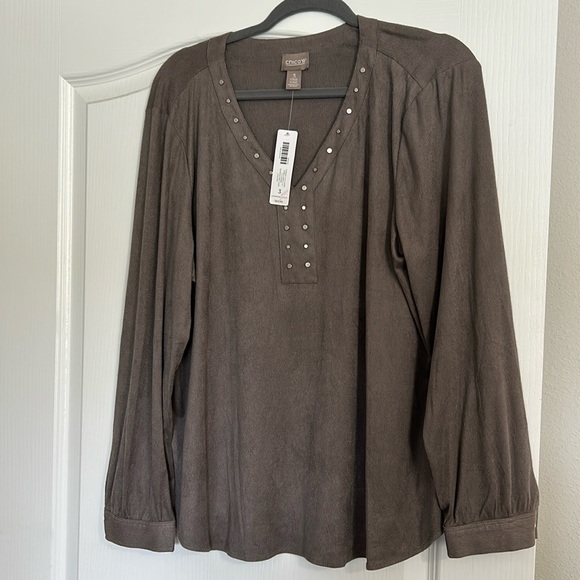 Chico's Tops - Chico’s size 3 NWT embellished faux suede long sleeve shirt. Hearthstone Taupe.